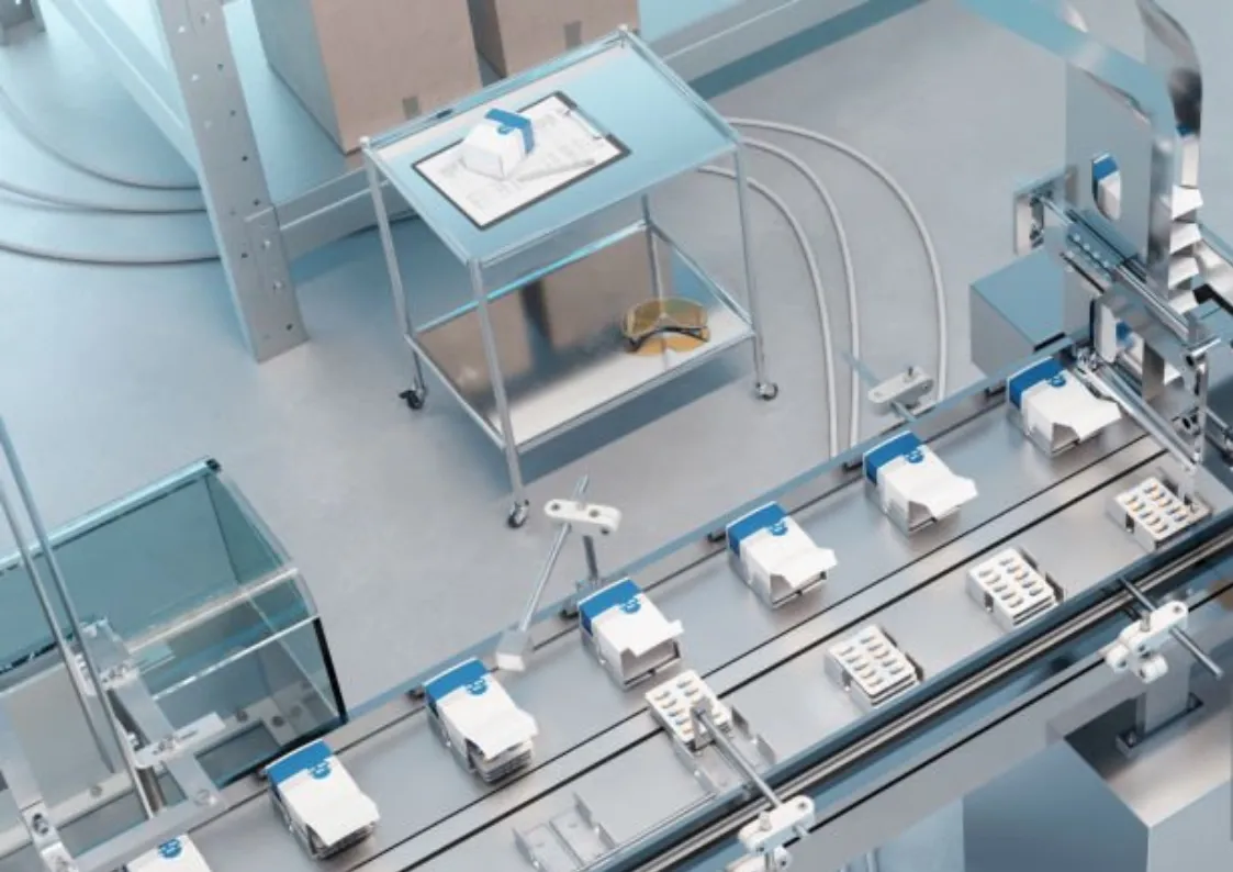 A factory production line with white packages moving on a conveyor belt. A metal cart with documents and a tape roll is nearby. Cardboard boxes are stacked in the background.