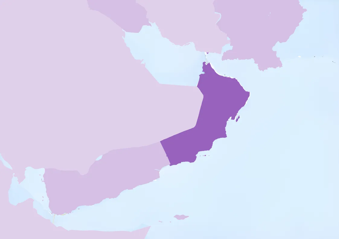 Map highlighting Oman in dark purple, surrounded by lighter purple countries and blue sea.